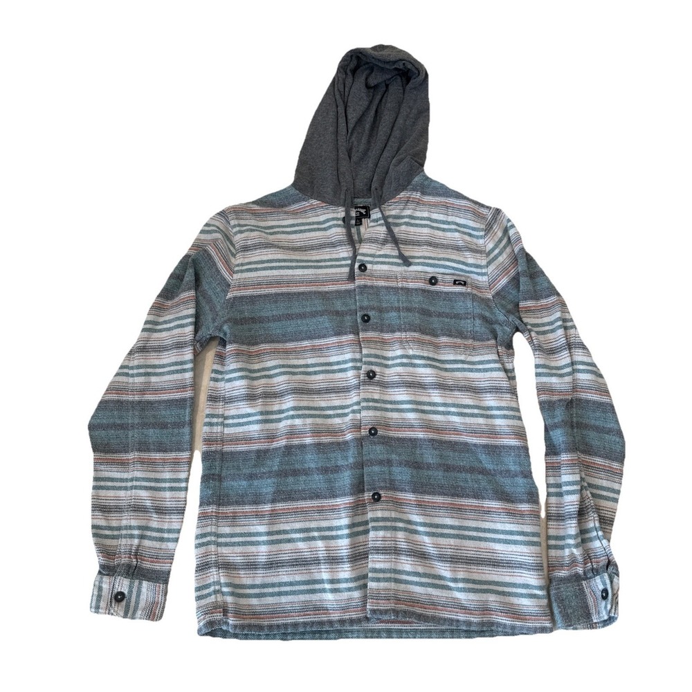 Billabong‎ Mens Hooded Flannel Shirt Large Blue Grey Striped Long Sleeve Hoodie